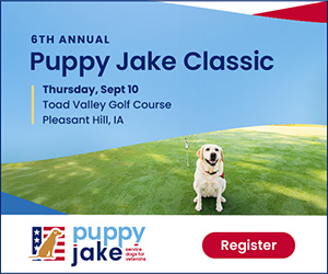 PJF_0726_ad3_GolfClassic_300x250 - Puppy Jake Foundation - Puppy Jake Foundation Banner for the 6th Annual Puppy Jake Classic at Todd Valley Golf Course, Pleasant Hill, IA, with a dog on a grassy hill and a Register button.